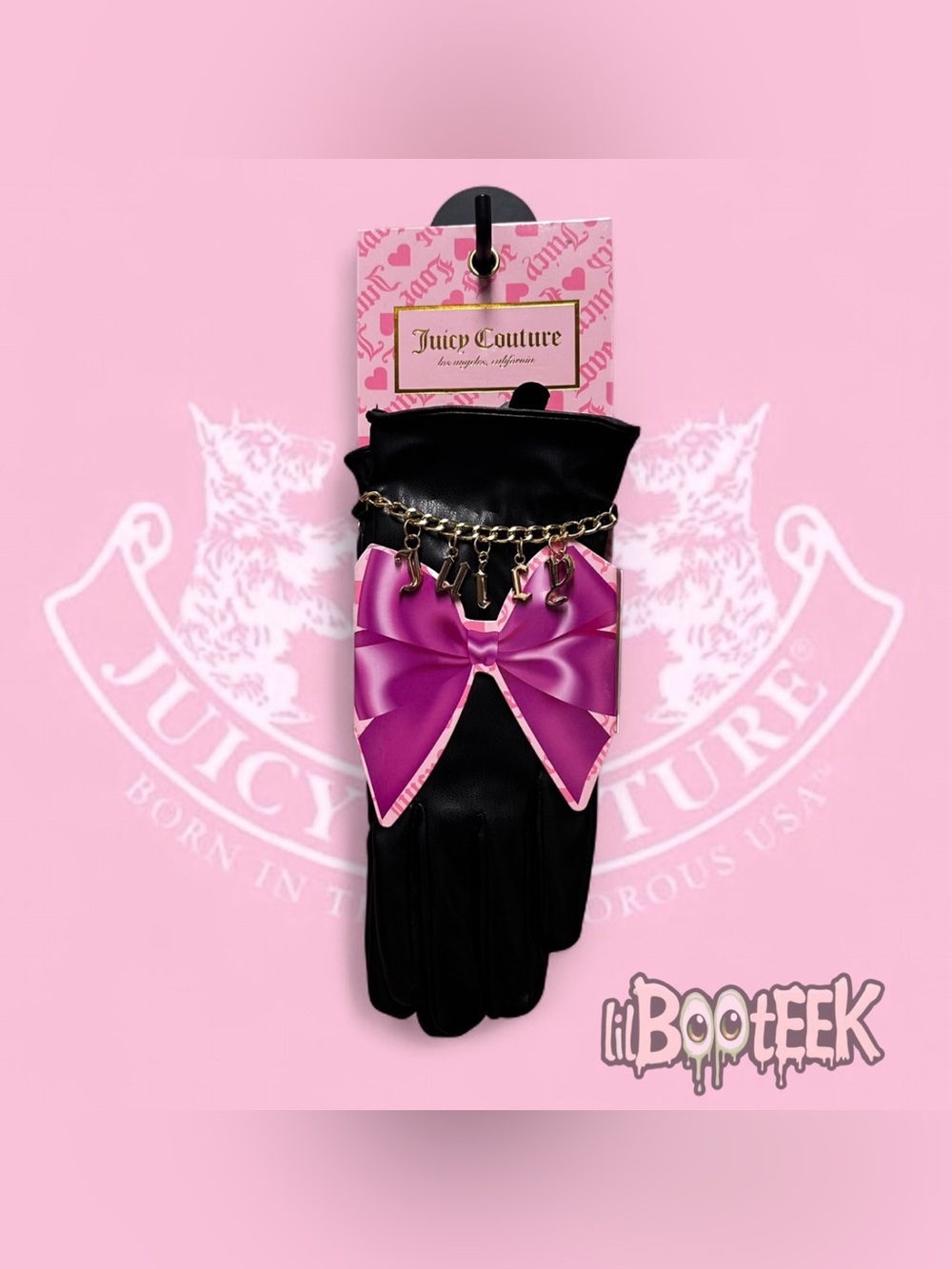 Juicy Couture Black Faux Leather Gloves with Gold Letter Charm Accent NEW Y2K